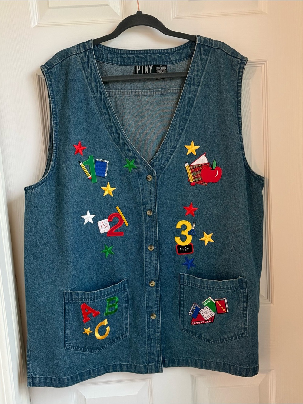 Denim Embroidered School-Themed Vest in Blue